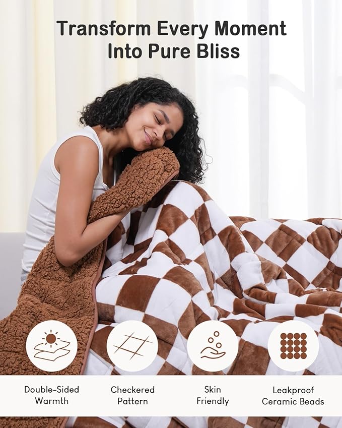 Checkerboard Weighted Blanket Queen Size 15 lbs for Adults, Fluffy Sherpa Luxurious Flannel Heavy Weighted Blankets for Bed Couch Sofa, Ultra Soft Cozy Bed Blanket, Plaid Khaki, 60" x 80"