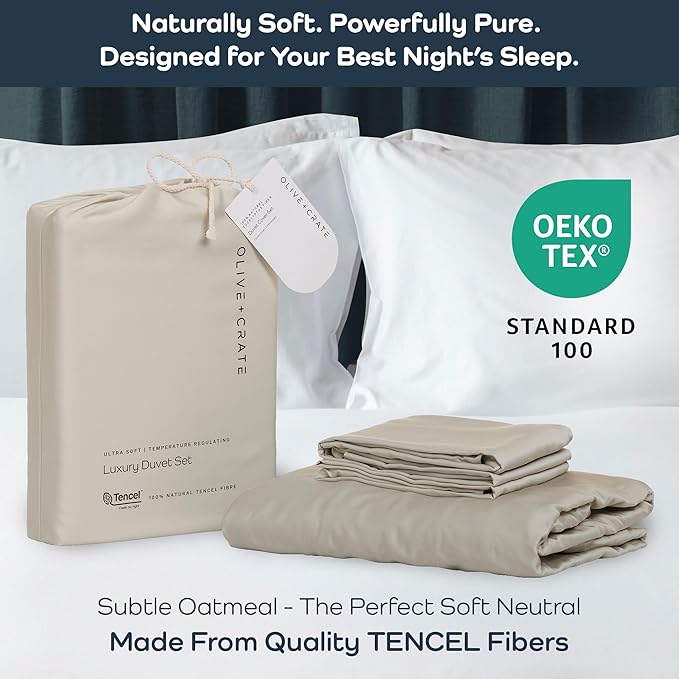 Olive + Crate Luxury 100% Lyocell Eucalyptus Duvet Cover Set King Size, Tencel 3PC Vegan Bedding Set, Super Soft Off White Cooling Duvet Cover for Hot Sleepers & 2 Pillowcases, Oatmeal (90" x 102")