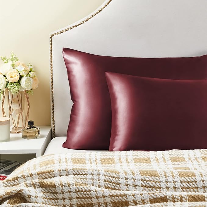 BEDELITE Satin Pillowcase for Hair and Skin, Super Soft and Cooling Similar to Silk Pillow Cases 2 Pack with Envelope Closure, Gift for Women Men(20"x30" Queen Size, Burgundy)