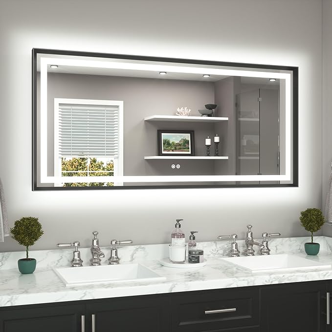 TETOTE 60 x 28 Large Bathroom Mirror Brushed Black Metal Frame Frontlit & Backlit Vanity Mirror 3 Colors White/Warm/Natural Stepless Dimmable Anti-Fog Bathroom Mirrors for Vanity Wall-Mounted