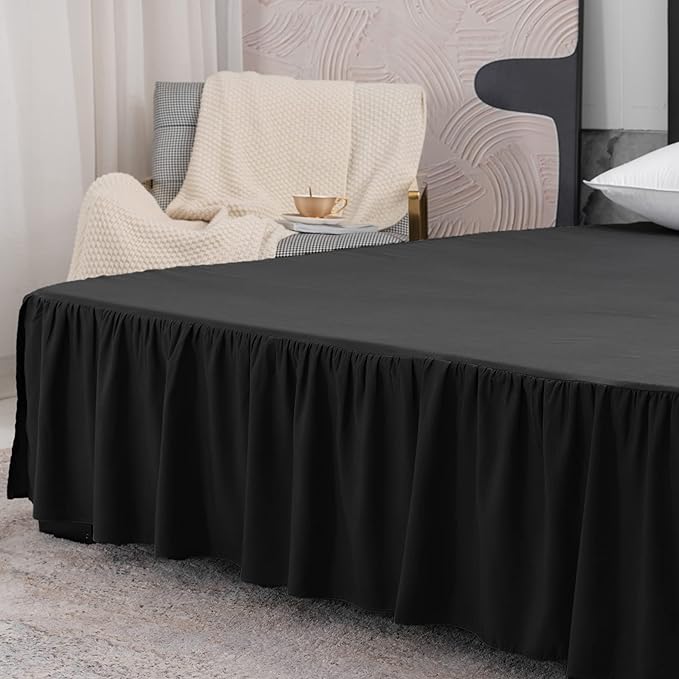 Black Bed Skirt Queen Size Ruffled Bed Skirt with Split Corners, Queen Bed Skirt 14 Inch Drop, TSUTOMI Queen Size Bed Skirt Black for Ruffled Bed Skirt with Split Corners, Bed Skirts Queen Size