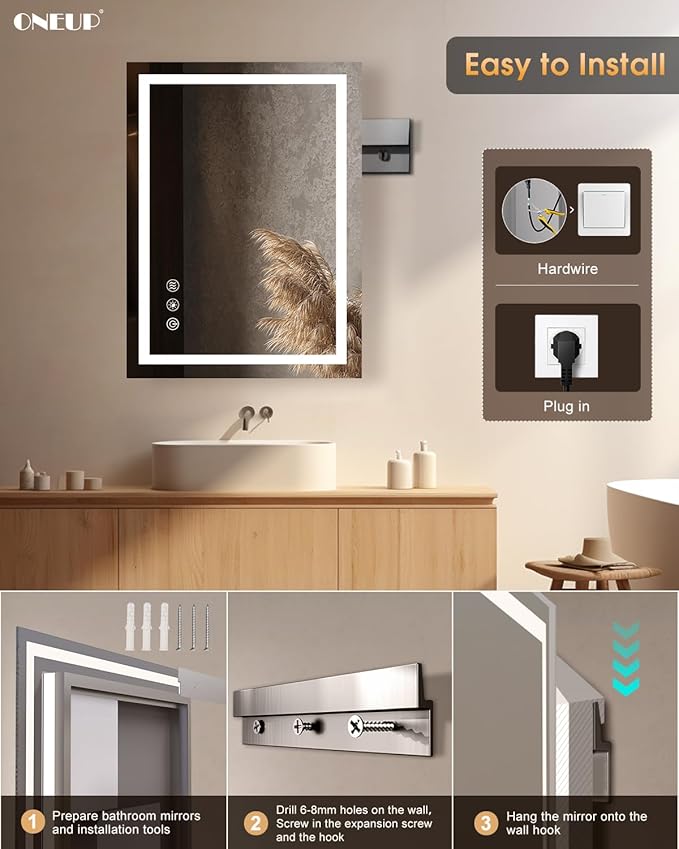 oneup 24x32'' LED Bathroom Mirror,Lighted Bathroom Mirror with Lights,Dimmable 3 Colors Temperature,Anti-Fog,Modern Vanity Mirrors for Wall,Touch Screen,Memory, Shatterproof
