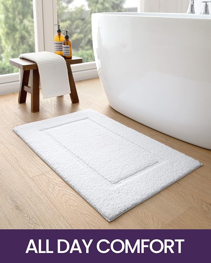 DEXI Bathroom Rugs 24x16, Washable Non Slip Bath Mat for Shower Floor, Absorbent Quick Dry Bathmat with Rubber Backing, Ultra Soft Plush Carpet for Tub, White