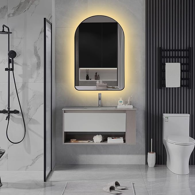 Niccy Arched LED Lighted Bathroom Mirror, 40x24 Inch Backlit Vanity Bathroom Mirror with Lights Brushed Black Framed Wall Mounted Mirrors with 3 Color Shatterproof Arch Smart Fog Free Mirror