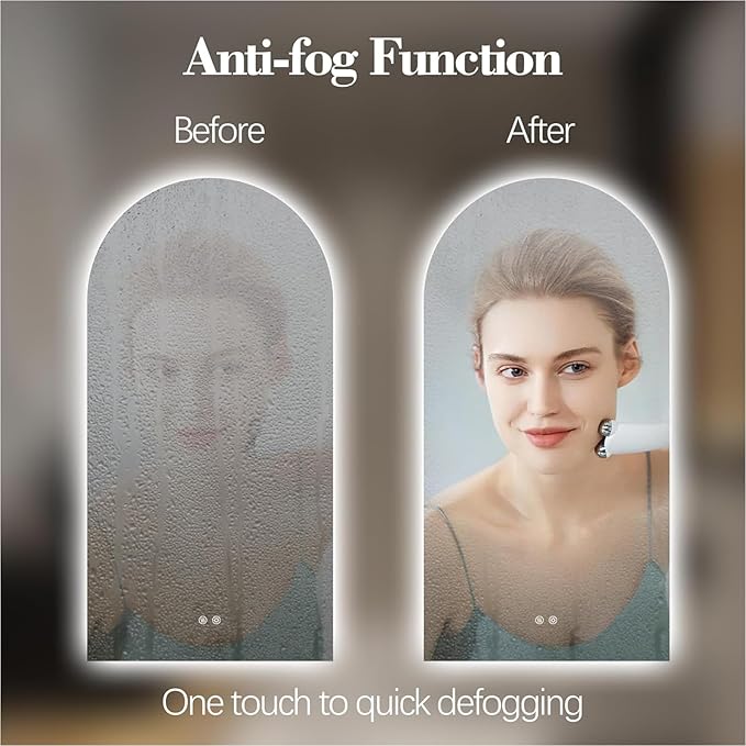 Arched LED Bathroom Mirror, 40"x24" Arch Framless Backlit Mirror with Lights Vanity Mirror for Makeup, Anti-Fog, Dimmable, 3-Color, Memory Function, IP65 Waterproof, UL Listed, Vertical