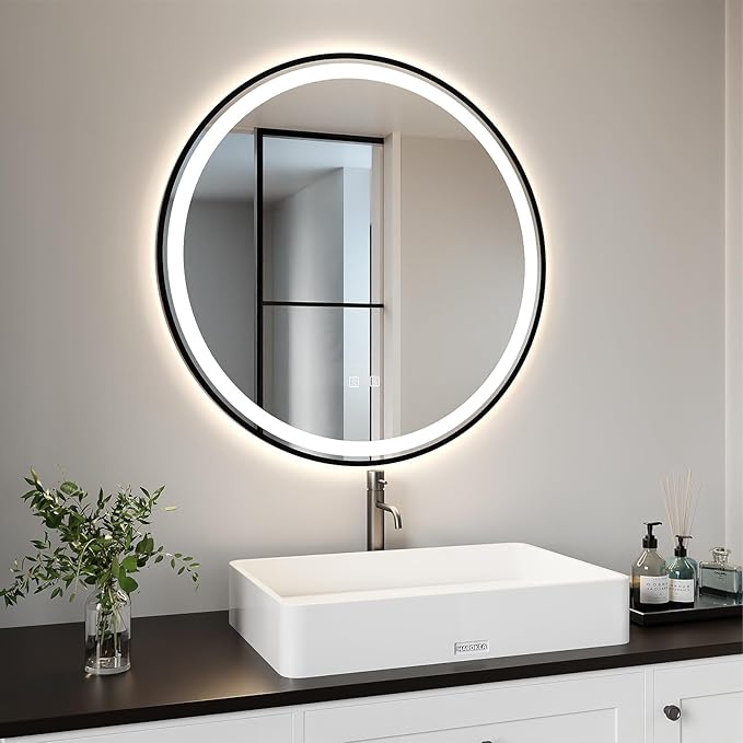 APRILSOUL 36 Inch Round Aluminum Framed LED Bathroom Mirror with Lights, Makeup Mirror with Front and Backlit, Anti-Fog, 3 Colors and Dimmable Light