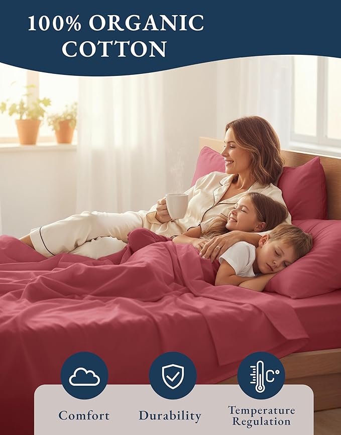 LANE LINEN Eco Friendly 100% Organic Cotton Twin Bed Sheet Set, Soft & Breathable Fully Elasticized Mercerized Cotton Twin Size Bedding Sheets & Pillowcase Set, Deep Pocket Bed Sheets - Mineral Red