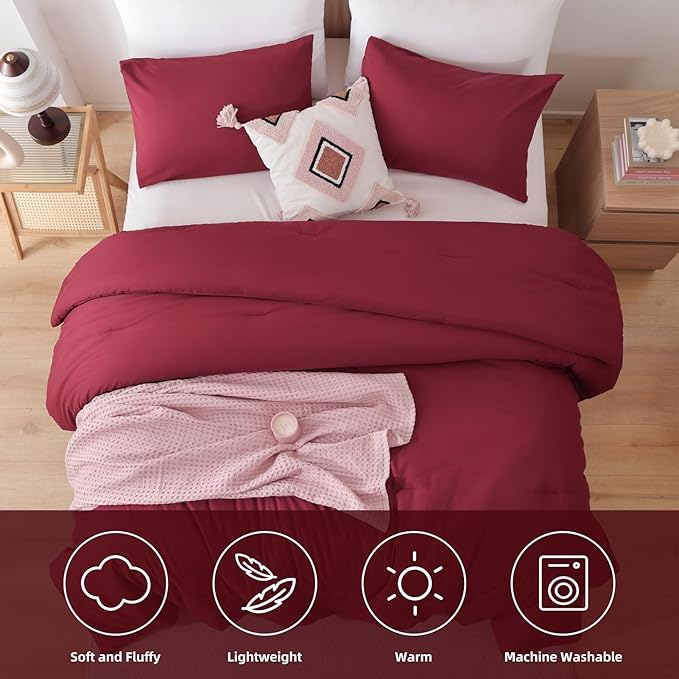 ROSGONIA California King Comforter Set Dark Red, 3pcs (1 Boho Red Cal King Comforter & 2 Pillowcases) All Season Lightweight Bedspread Bedding Blanket