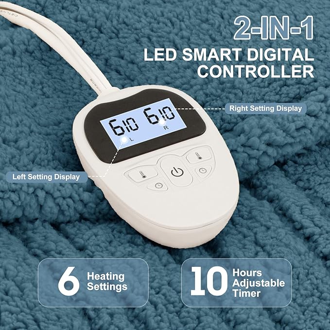 King Size Electric Blanket Single Control - 100"X90" Soft Double Sided Sherpa Heated Blanket with 6 Heating Levels & 10 hrs Timer Settings, Washable & Overheat Protection, Blue