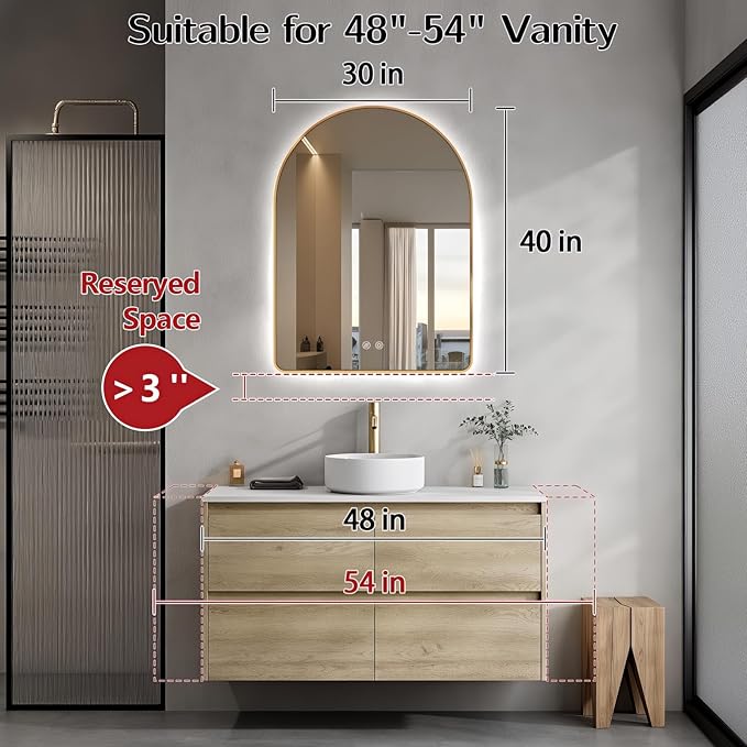 Niccy Arched LED Lighted Bathroom Mirror, 40x30 Inch Backlit Vanity Bathroom Mirror with Lights Brushed Black Framed Wall Mounted Mirrors with 3 Color Shatterproof Arch Smart Fog Free Mirror