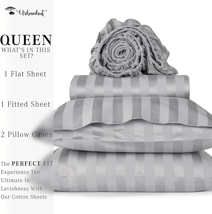 URBANHUT 1000 Thread Count Egyptian Cotton Sheets Damask Striped Queen Size, Breathable Long Staple, 4 Pc Bed Sheet Sets, Luxury Hotel Sateen Sheets Fits 16" Deep Pocket - Silver Grey