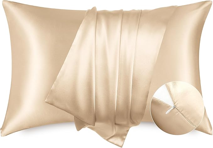 Bedsure Satin Pillowcase with Zipper, Similar to Silk Pillow Cases 2 Pack, Satin Pillow Cases King, Silky & Soft Bedding Pillow Covers for Hair and Skin, Gifts for Women Men, Champagne, 20x36 Inches