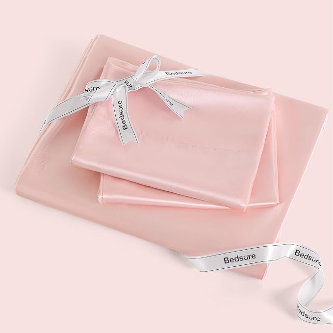Bedsure Pink Satin Sheets Queen Size - 4 Piece Silky Bedsheets with 15 Inches Deep Pocket Fitted Bedsheet,1 Flat Sheet, 2 Satin Pillowcases, Good for Hair & Skin (Queen, Pink)