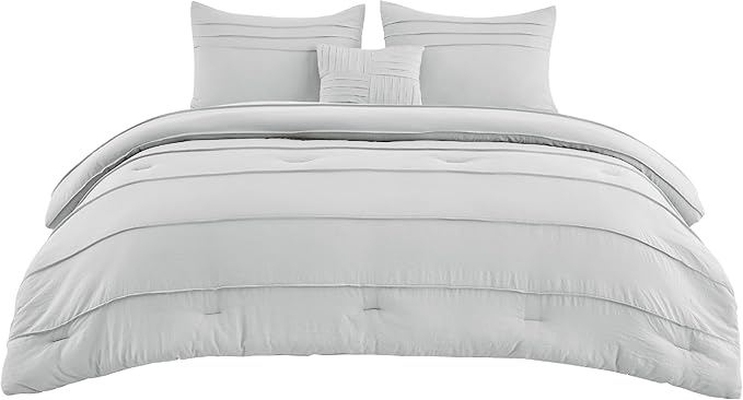 Bedsure Queen Comforter Set - 4 Pieces Pinch Pleat Bed Set, Light Grey Boho Bedding for All Season, 1 Soft Comforter, 2 Pillowcases, 1 Decorative Pillow