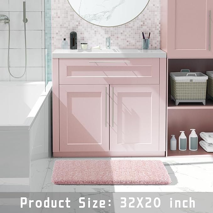 Yimobra Bath Rugs For Bathroom 32x20, Ultra Soft and Water Absorbent Bath Mats, Non Slip Plush Shower Mat Outside, Microfiber Thick Matts for Bathroom Floor/Tub, Machine Washable, Light Pink and White