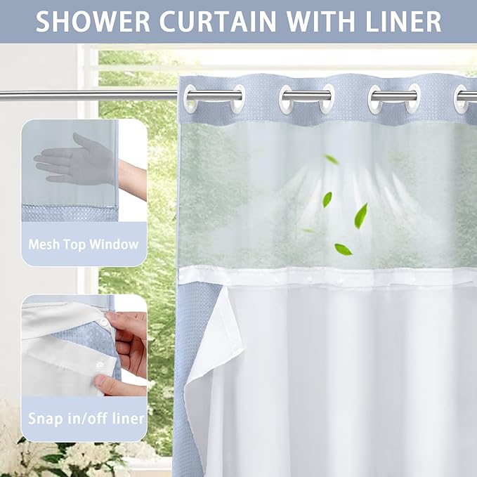 YellyHommy No Hook Shower Curtain with Snap in Liner Set Less Time Waffle Shower Curtain for Bathroom (Mist Blue, 81" L x 72" W)