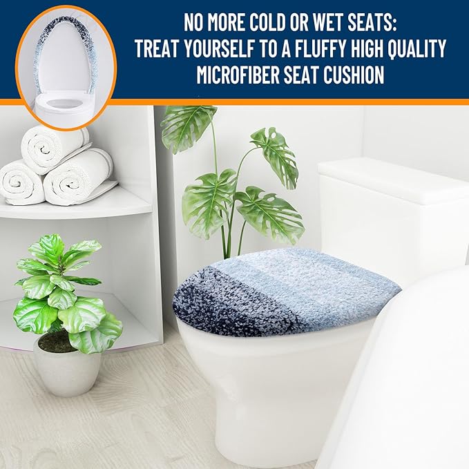 OLANLY Soft Microfiber Bathroom Toilet Lid Cover, Machine Washable Covers, 17.5x15, Stays in Place Rubber Backing, Fits Most Round, Elongated and Oblong Lids, Accessories Decor, Dark Blue