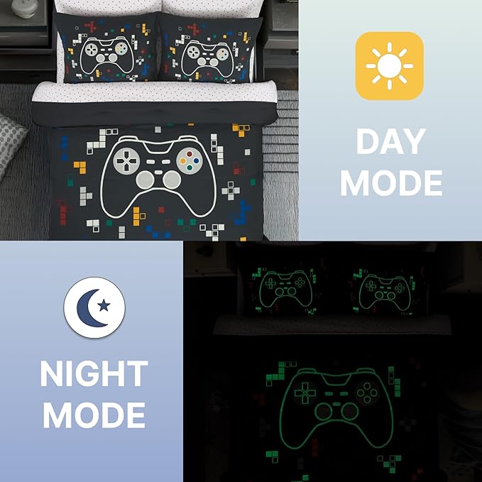 Full Size Comforter Set for Boys-7 Pieces Gamer Glow in The Dark Full Bedding Sets for Kids, Ultra Soft Bed in A Bag with Sheets