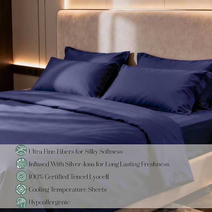 CASILVA Eucalyptus Sheets - Infused with Silver for Anti-Odor, Softer Than Silk Fibers, More Cooling Than Cotton - Perfect for Hot Sleepers & Sensitive Skin - 100% Tencel Lyocell - Queen Sheet Set