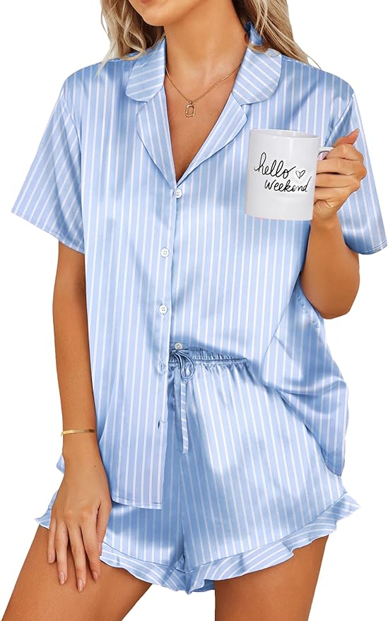 Ekouaer Womens Satin Pajamas Set Button Down 2 Piece Silk Pjs Shorts Set Ruffle Lingerie Notch Collar Sleepwear
