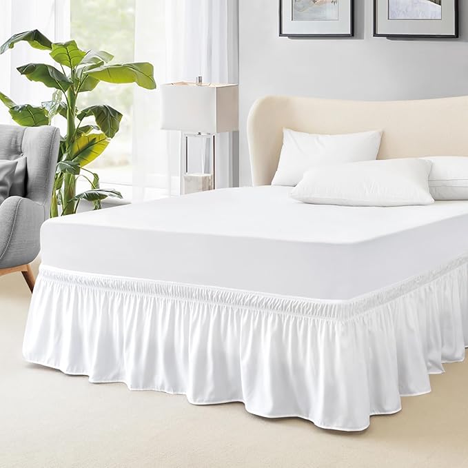 FreshCulture Queen Bed Skirt, Elastic Wrap Around Bed Skirt Queen Size, Bed Skirts for Adjustable Bed, Easy Fit with 15-Inch Tailored Drop, Hotel Quality Dust Ruffle for Queen Bed (White)