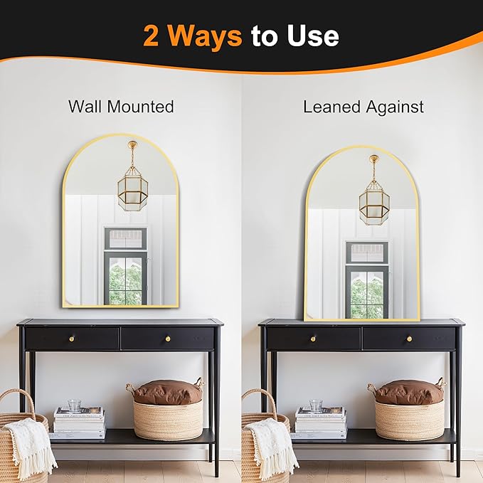 Delma Arched Bathroom Mirror, 26"x38" Wall Mounted Vanity Mirror for Bedroom, Living Room and Entryway, Gold