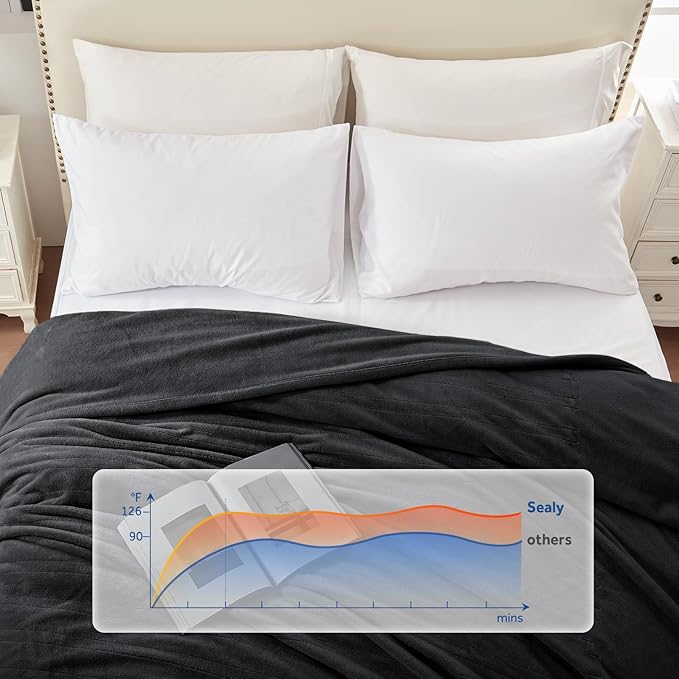 Sealy Electric Blanket Queen Size 84"x90", Soft Double Flannel Heated Blanket with 10 Heat Levels & 1-12 Hours Auto Shut Off, Machine Washable, Even Heat Distribution, Charcoal