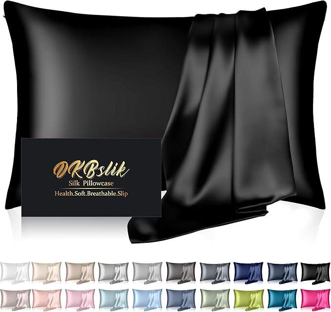 Mulberry Silk Pillow Cases Queen Size, Silk Pillowcase for Hair and Skin, Both Sides Natural Silk Satin Pillowcase for Sleeping Women with Zipper, Gifts for Women Men, Black
