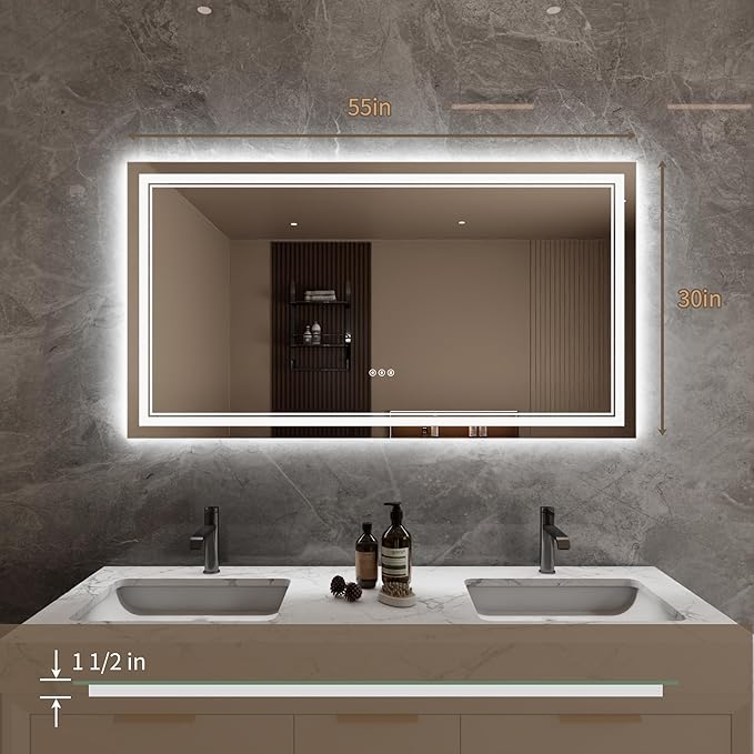 Bathroom Mirror with Lights 30"X55" with Front Light and Backlit, Tempered Glass, Wall Mount Horizontal/Vertical, Stepless Dimmable, 3 Colors, Anti Fog, Bathroom Memory LED Mirror