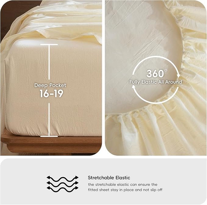 MooMee Bedding Sheet Set 100% Washed Cotton Linen Like Textured Breathable Durable Soft Comfy (Solid Cream White, Twin)