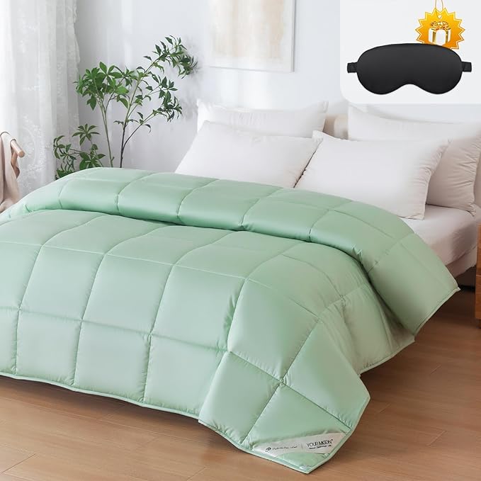 YOUR MOON Luxurious All Season Wool Comforter Twin Size, 100% Natural Australian Wool Filling, Hypoallergenic Comforter Duvet Insert, Noiseless Cotton Shell (Green)