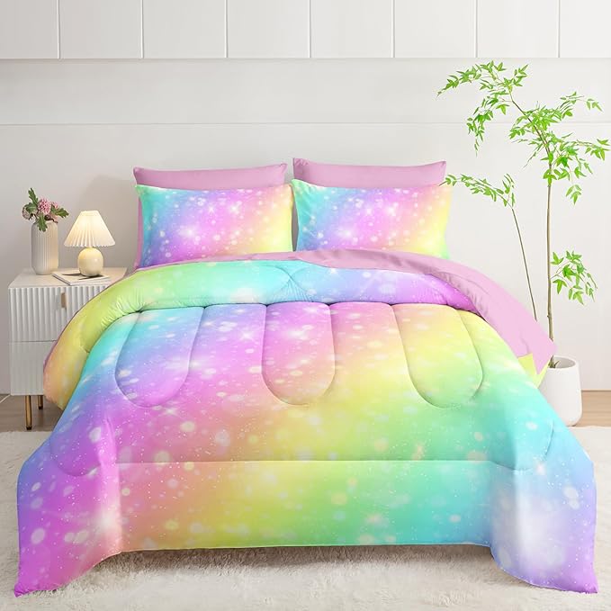 7 Piece Rainbow Comforter Set - Bed in a Bag, Pastel Galaxy Bedding Twin, Soft Microfiber, Kids/Teens/Girls, All Season