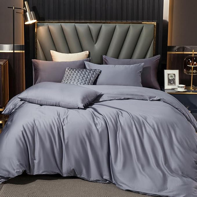 MooMee Duvet Cover Set 100% Extra Long Staple Cotton 600 Thread Count Silky Sateen Smooth Luxury Soft Breathable Durable Hotel Quality Bedding, 3 Pieces (Blueish Grey, King 104"x90")