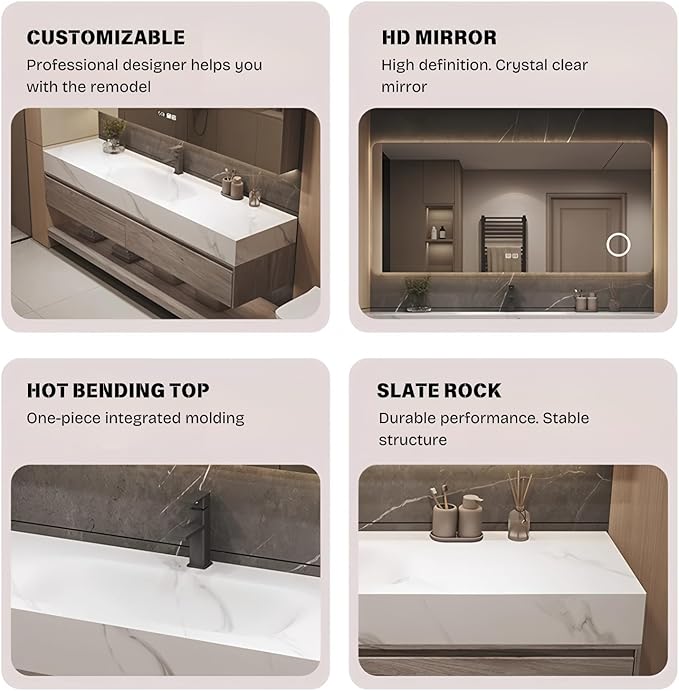 Floating Bathroom Sink Vanity 56Inch, Solid Wood Bathroom Vanities Set Includes Smart Rectangular Mirror, Slate Countertop and Integrated Sink, Modern Bathroom Cabinet with Drawers and Open Storage