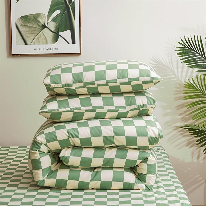 KAREVER Green White Grid Comforter Set Twin Sage Green Plaid Bedding Set Girls Light Green White Checkered Bed Set Breathable Blanket Set Kids Durable Bedding Comforter Set