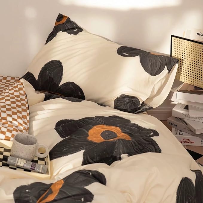 Cottonight Black Sunflower Comforter Set Queen Beige Black Floral Bedding Comforter Set Big Flower Botanical Quilts Boho Blankets Cute Elegant Bedding Set for Women Girls Queen Bed