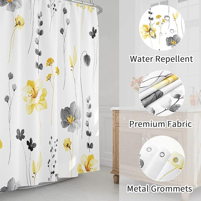 Gibelle Yellow and Grey Floral Shower Curtain, Watercolor Flower Shower Curtain for Bathroom, Modern Minimalist White Waterproof Fabric Shower Curtain Set with Hooks 72x72 Inch