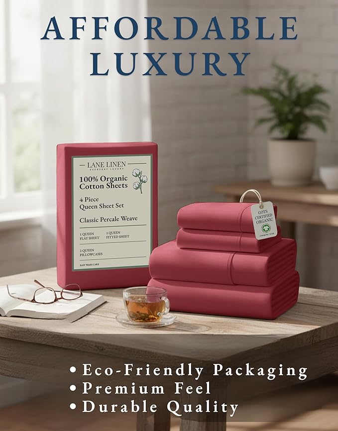 LANE LINEN 100% Organic Cotton Queen Sized Sheets, Fuly Elasticized Mercerized Low Pill Fade Resistant Percale Weave Bedsheets for Queen Size Bed, Soft and Comfy Sheet & Pillowcase Sets - Mineral Red