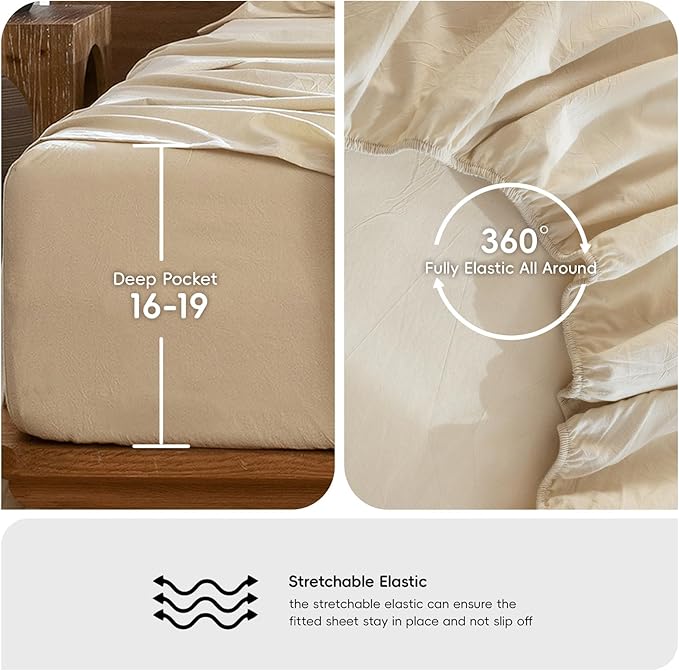 MooMee Bedding Sheet Set 100% Washed Cotton Linen Like Textured Breathable Durable Soft Comfy (Heathered Almond Milk Grey, California King)