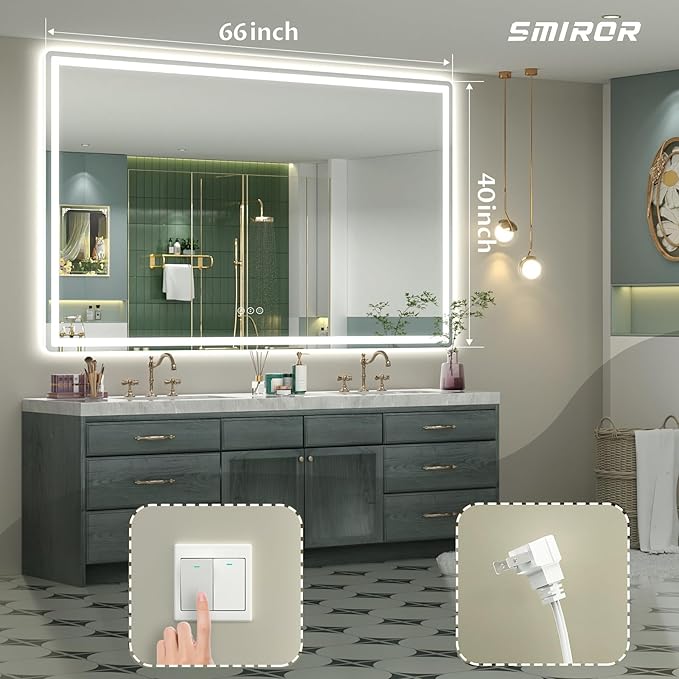 SMIROR LED Bathroom Mirror with Lights 66"x 40", Rounded Rectangle Lighted Vanity Mirror for Wall, Front Lit and Backlit, 3 Colors, Dimmable, Anti-Fog, Tempered Glass (Horizontally/Vertically)