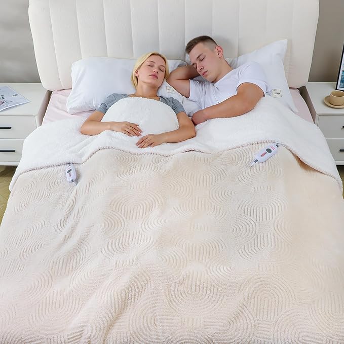 Heated Blanket Queen Size - 84"x90" Cozy Soft Jacquard Heating Blanket with 4 Heat Levels & 10 Hours Auto-Off, Jacquard Fleece, Overheating Protection, Warm Gifts, Cream