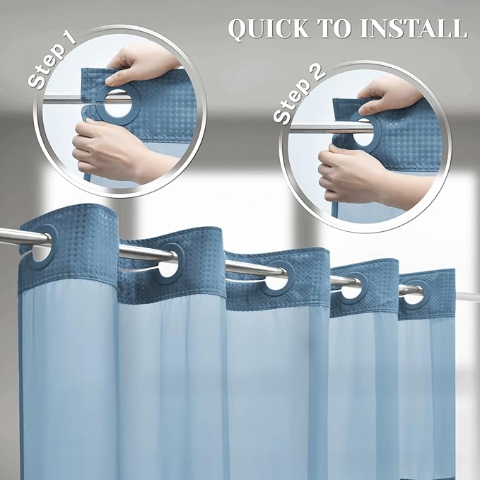 No Hook Shower Curtain with Snap in Liner Set Waffle Shower Curtain for Bathroom Hotel Style Fabric Waterproof Inner Liner，71" W x 74" H, Moonlight Blue