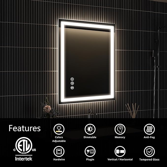 APRILSOUL 24x32 Inch LED Bathroom Mirror with Front and Backlit, Makeup Mirror with 3 Color Lights, Memory Function, Anti-Fog and Dimmable Light (Horizontal/Vertical)