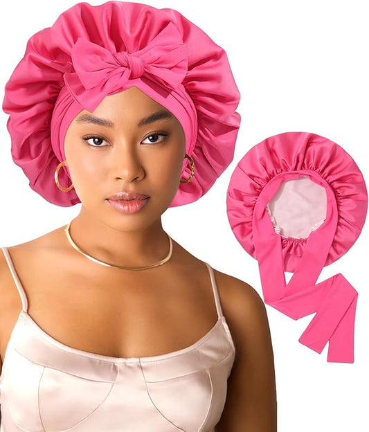 AWAYTR Women Satin Bonnet for Sleeping - Double Layer Silk Hair Bonnet with Elastic Tie Band for Braids Curly Hair