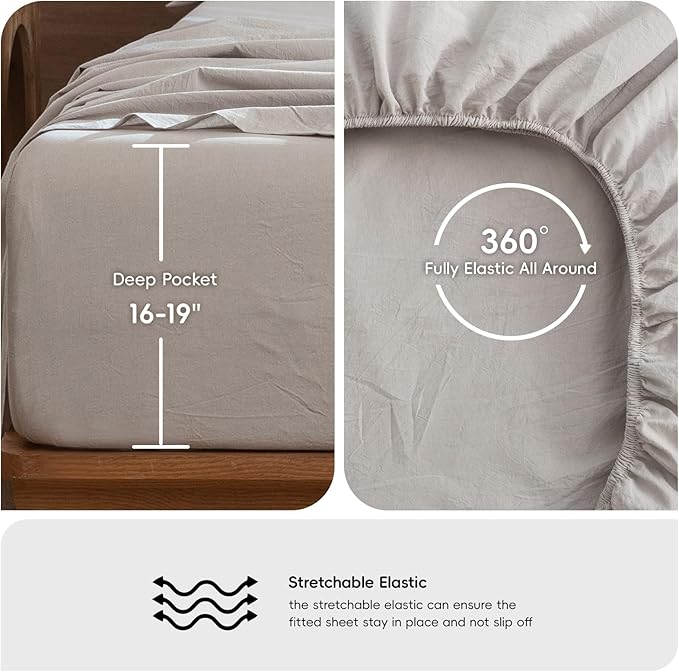 MooMee Bedding Sheet Set 100% Washed Cotton Linen Like Textured Breathable Durable Soft Comfy (Solid Light Tan, King)