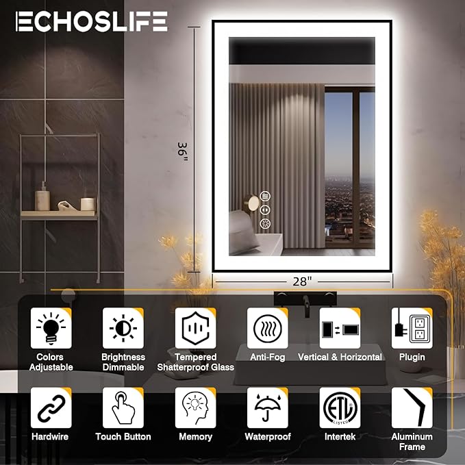 28x36 LED Bathroom Mirror for Wall -Black Aluminum Framed (Front and Backlit), Anti-Fog Vanity Mirror with Lights,Stepless Dimmable Lighted Mirror,3 Colors Smart Mirror(Horizontal/Vertical)