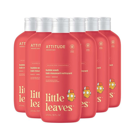 ATTITUDE Bubble Wash for Kids, EWG Verified Bubble Bath, Hair Shampoo and Body Soap, Dermatologically Tested, Plant- and Mineral-Based, Vegan, Mango, 16 Fl Oz (Pack of 6)