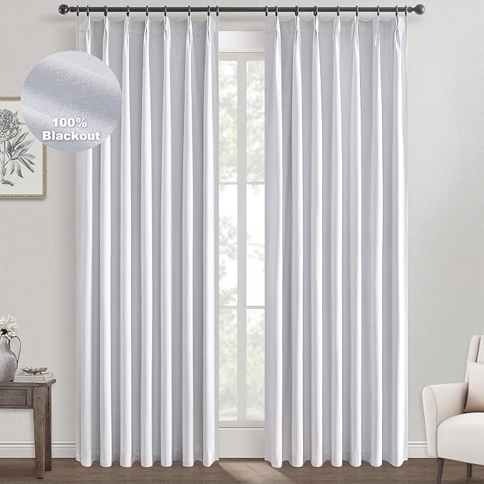 Topfinel White Extra Long Total Blackout Linen Curtains 108 Inches Long for Living Room Large Window with Hooks Rings, Pinch Pleated Cold Blocking Acoustic Heavy Ivory Track Curtains 2 Panels 9 FT