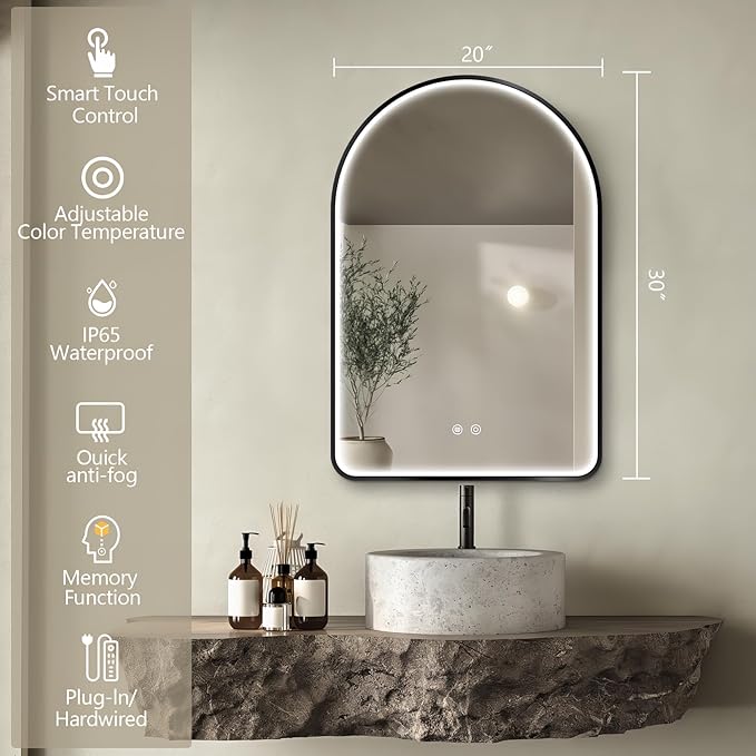 Niccy Arched LED Bathroom Mirror, 30"x20" Black Framed Arch Wall Lighted Mirrors, Arching Frontlit Vanity-Mirror with Memory Function for Bathroom Bedroom, Defogger and 3 Color, Explosion-Proof