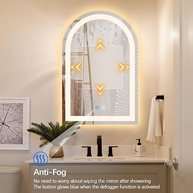 Niccy Arched LED Bathroom Mirror, 39x26 Arch Wall Mounted Frameless Bathroom Mirror for Vanity, Smart Lighted Frontlit Mirrors with Memory Function for Bathroom Bedroom Beauty Hair Salon
